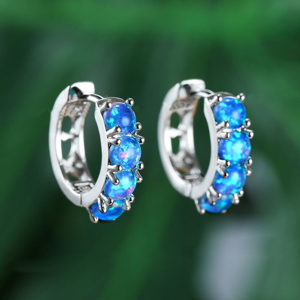 Women's C Shape Hoop Inlaid Round Blue & White Opal Huggie Earrings, White Gold Plating
