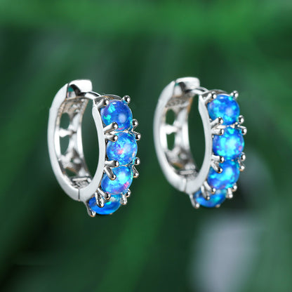 Women's C Shape Hoop Inlaid Round Blue & White Opal Huggie Earrings, White Gold Plating