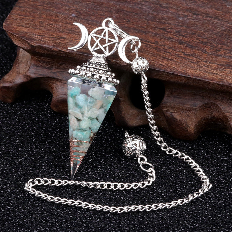 Three-phase moon seven-colored crushed stone resin crystal hexagonal pyramid spirit pendulum