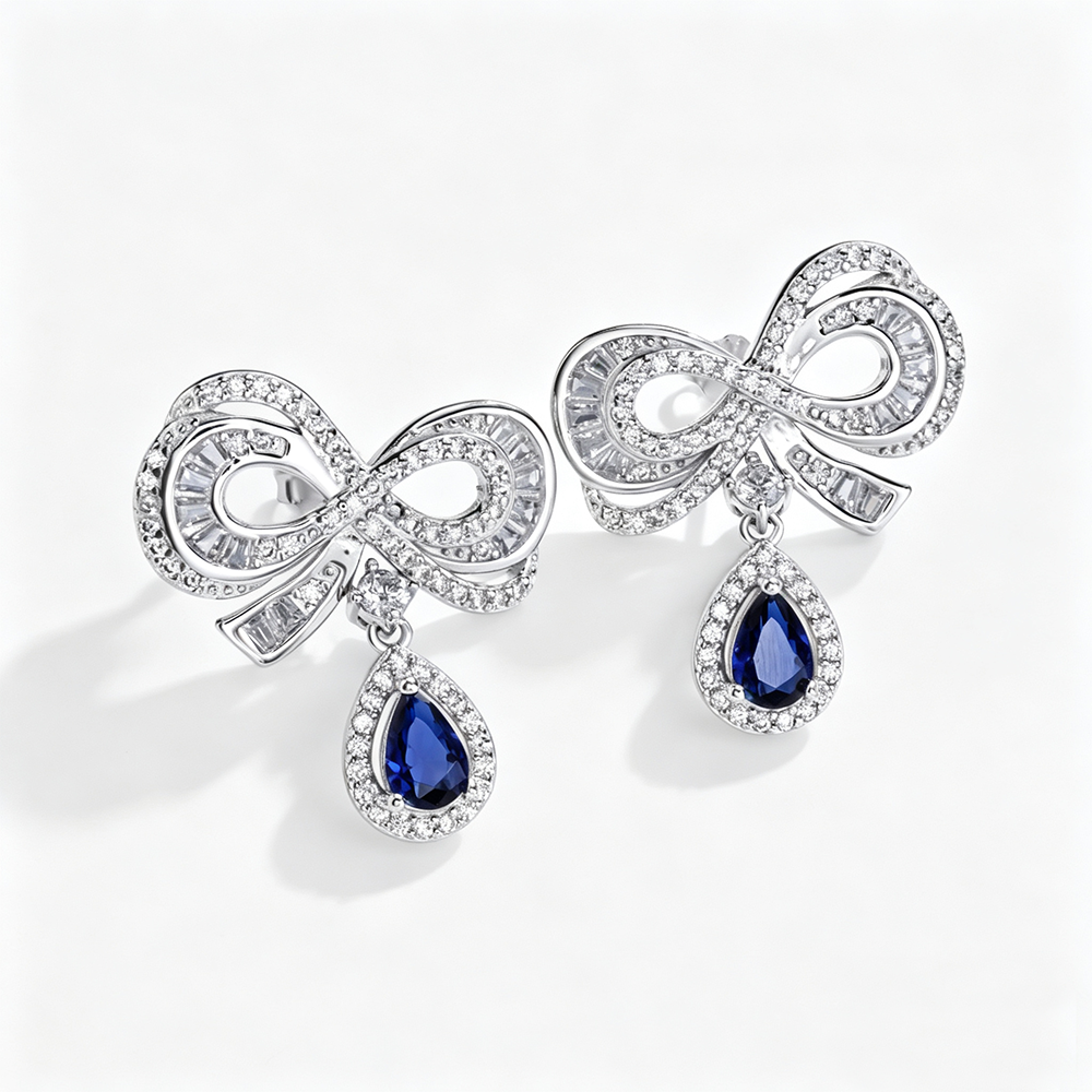Women's Bow Drop Earrings, Blue Teardrop Stone with White Zirconia Halo, S925 with White Gold Plating