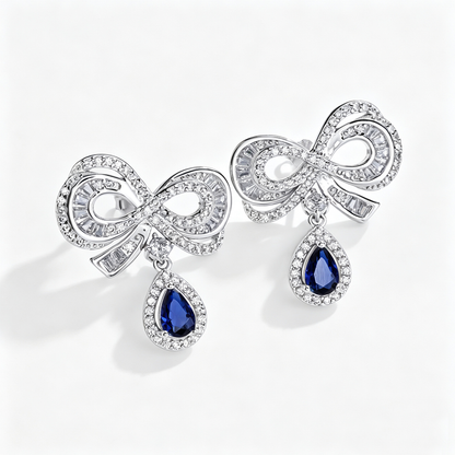 Women's Bow Drop Earrings, Blue Teardrop Stone with White Zirconia Halo, S925 with White Gold Plating