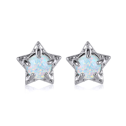 Women's Star‑Shape Prong‑Set White Opal Stud Earrings, with White Gold Plating / Gold Plating