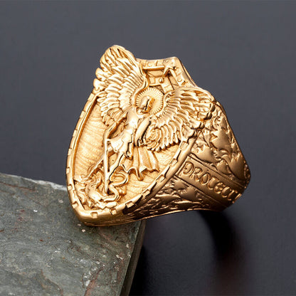 Vintage Solid Stainless Steel Punk St. Michael Dragon Slayer Ring for Men