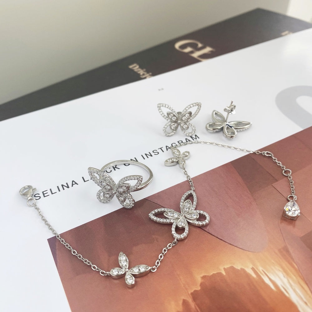 Women's Adjustable Bracelet, Butterfly Shape Paved Zirconia Inlay, S925 with White Gold Plating