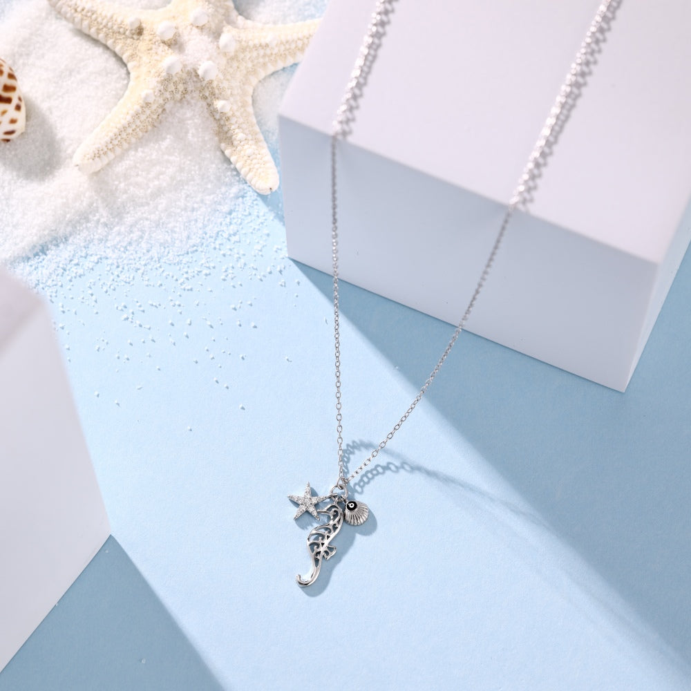 Women's Pendant Necklace, Star Seahorse White shell Evil Eye Design Inlaid Round White Zirconia, S925 with White Gold Plating