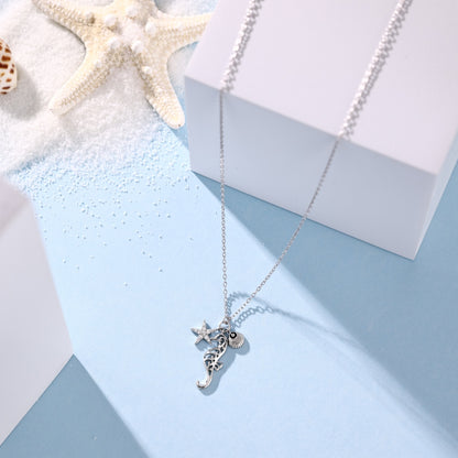 Women's Pendant Necklace, Star Seahorse White shell Evil Eye Design Inlaid Round White Zirconia, S925 with White Gold Plating