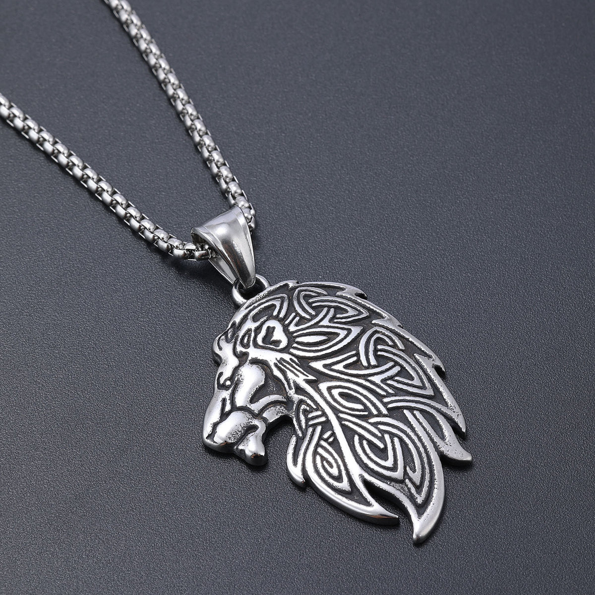 Men's Steel Celtic Lion Head Pendant Necklace
