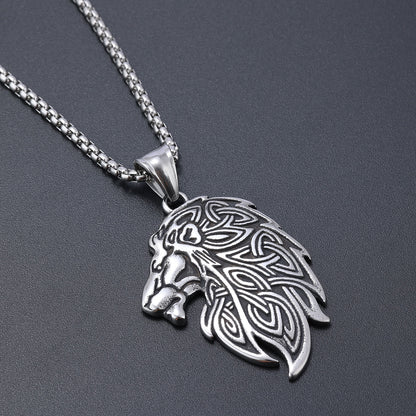 Men's Steel Celtic Lion Head Pendant Necklace