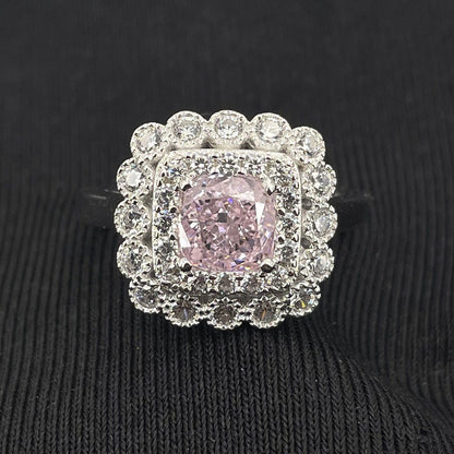 Women's White Gold Cushion Shape Layered Stones Pink Gem Halo Adjustable  Ring