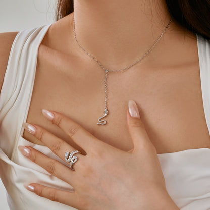 Women's Unique Snake Pendant Necklace, Round Zirconia Inlay, S925 with White Gold Plating