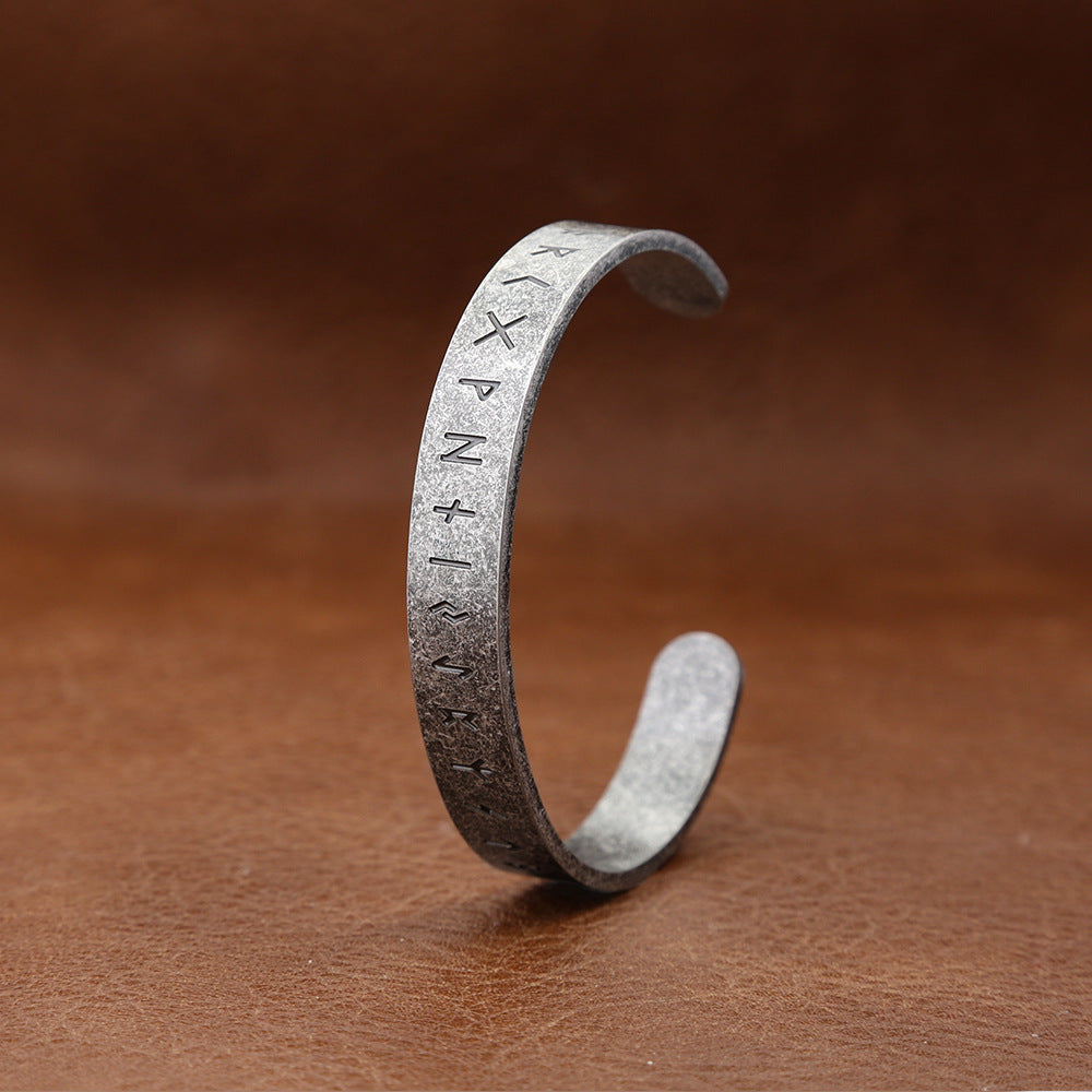 Vintage Literary Viking Runes Stainless Steel Men Bracelet, Fashion Personality Open Cuff Wrist Jewelry