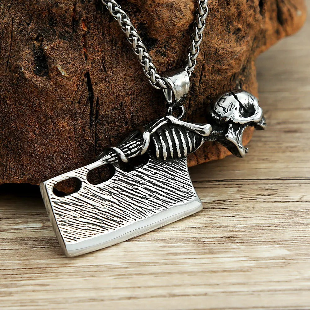 Mens Steel Skeleton Cleaver Pendant Necklace