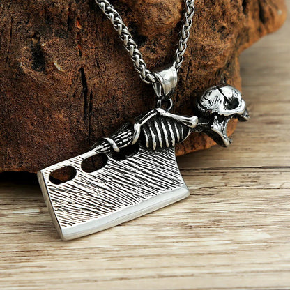 Mens Steel Skeleton Cleaver Pendant Necklace