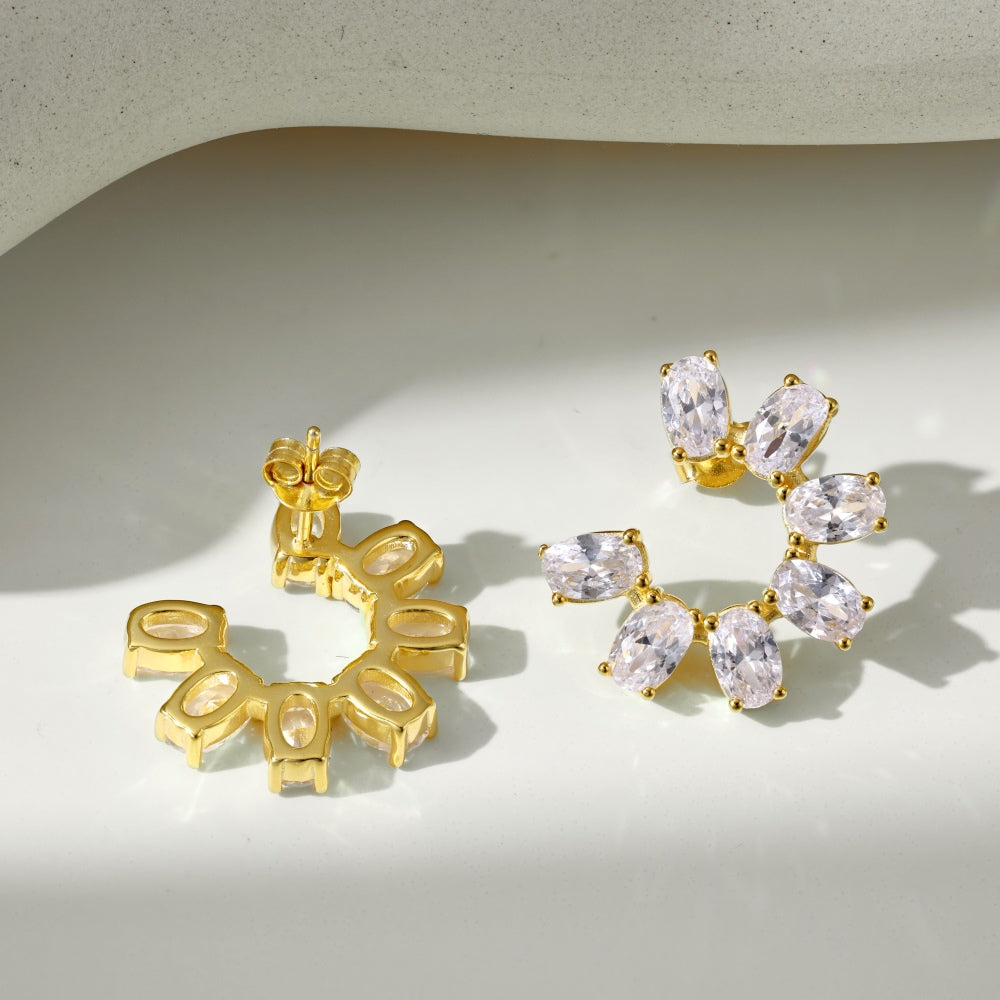 Women's Sunflower Hoop Earrings, Paved Oval Zirconia, S925 with 18K Gold Plating