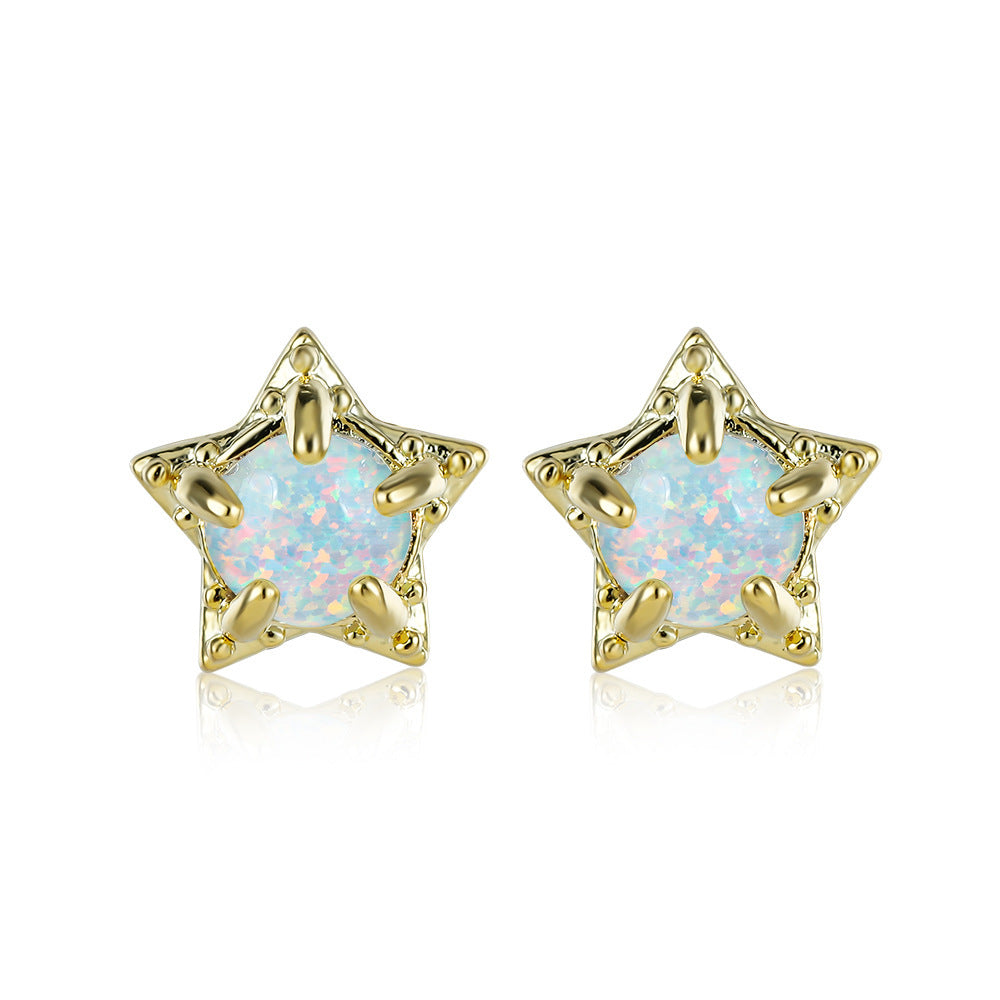 Women's Star‑Shape Prong‑Set White Opal Stud Earrings, with White Gold Plating / Gold Plating