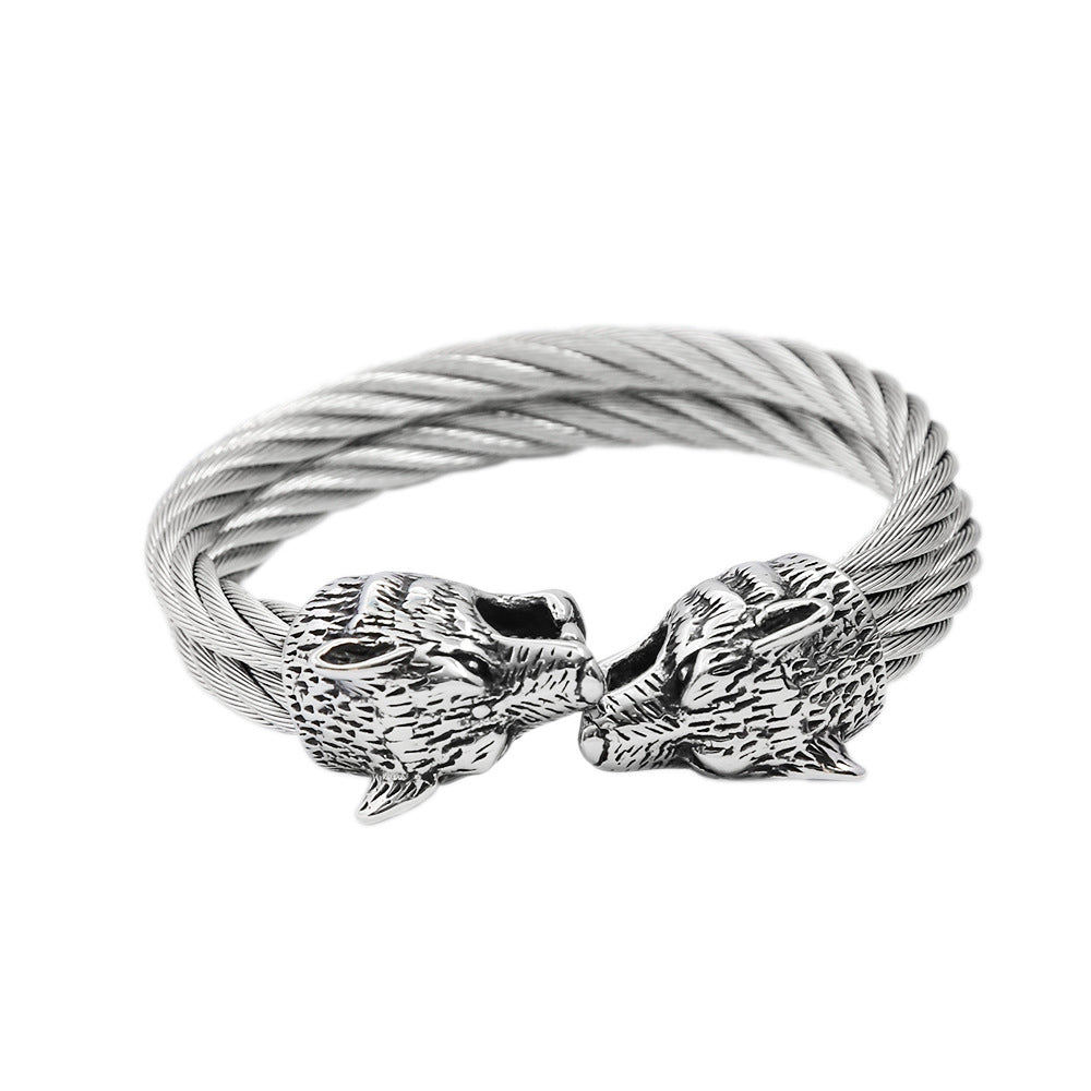 Viking Mythology Double Layer Solid Stainless Steel Open Adjustable Cuff Bracelet for Men Wrist Jewelry