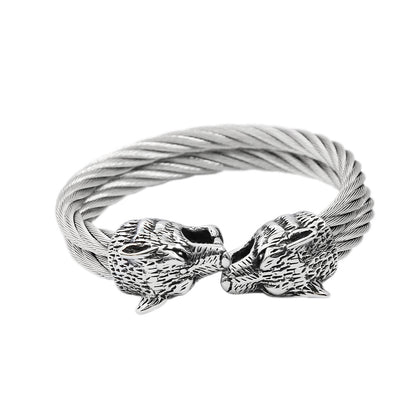 Viking Mythology Double Layer Solid Stainless Steel Open Adjustable Cuff Bracelet for Men Wrist Jewelry
