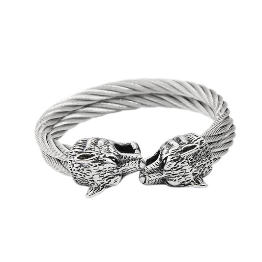 Viking Mythology Double Layer Solid Stainless Steel Open Adjustable Cuff Bracelet for Men Wrist Jewelry