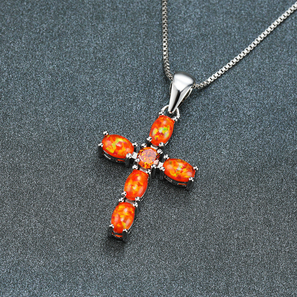 Cross-shaped Opal  gemstone necklace
