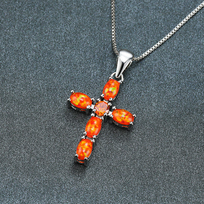 Cross-shaped Opal  gemstone necklace