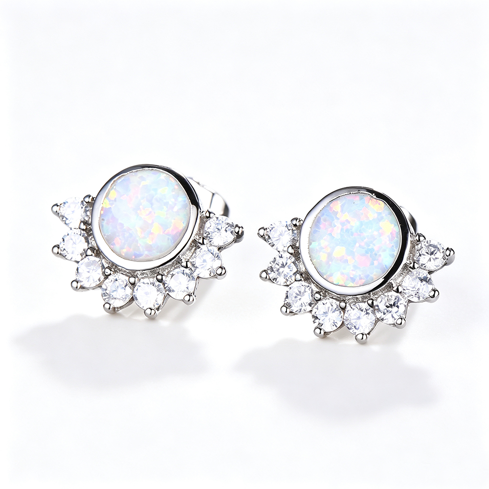 Women's Sunflower Halo White Opal With Color Sapphire Stud Earrings, White Gold Plating & Rose Gold Plating
