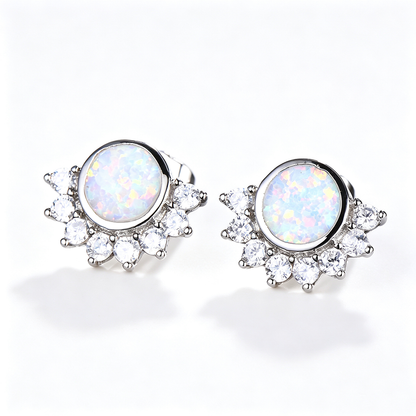 Women's Sunflower Halo White Opal With Color Sapphire Stud Earrings, White Gold Plating & Rose Gold Plating