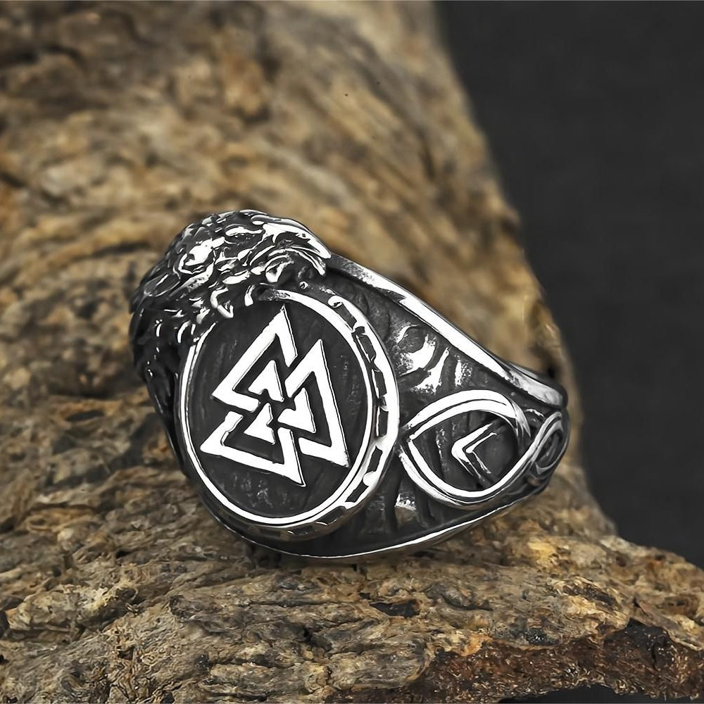 Vintage Solid Stainless Steel Viking Triangle Symbol Crow Totem Band Ring for Men