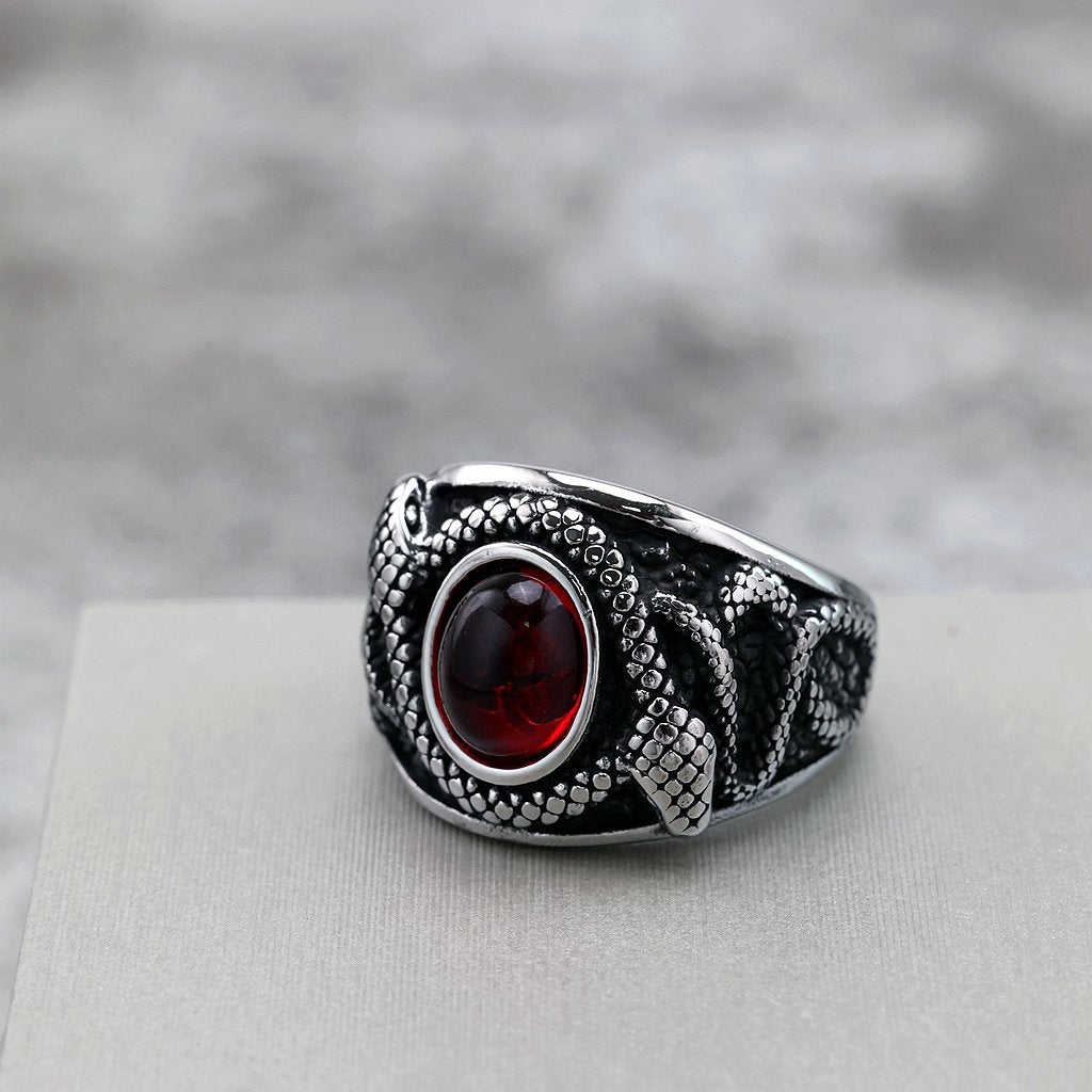 Vintage Solid Stainless Steel Double Snake Ring for Men Inlaid Red Synthetic Gemstone