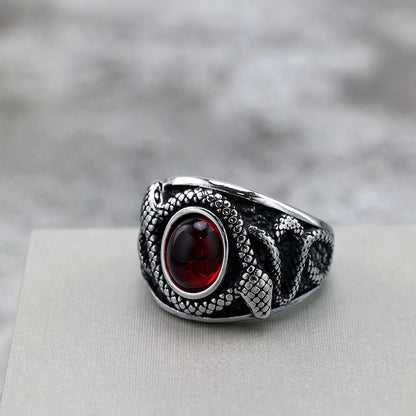 Vintage Solid Stainless Steel Double Snake Ring for Men Inlaid Red Synthetic Gemstone