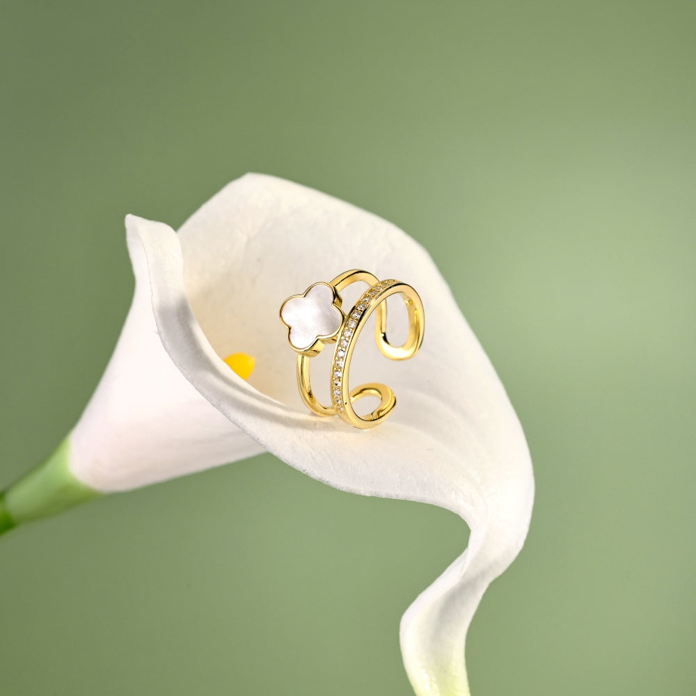 Women's Adjustable Double Layer Four‑Leaf Clover Ring With Round Zirconia & White shell Inlay, S925 with Gold Plating