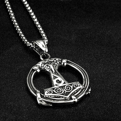 Vintage Stainless Steel Viking Thor's Hammer Round Pendant Necklace for Men