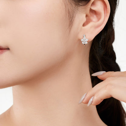 Women's Flower Huggie Hoop Earrings, Inlaid Round Zirconia, S925 with White Gold Plating