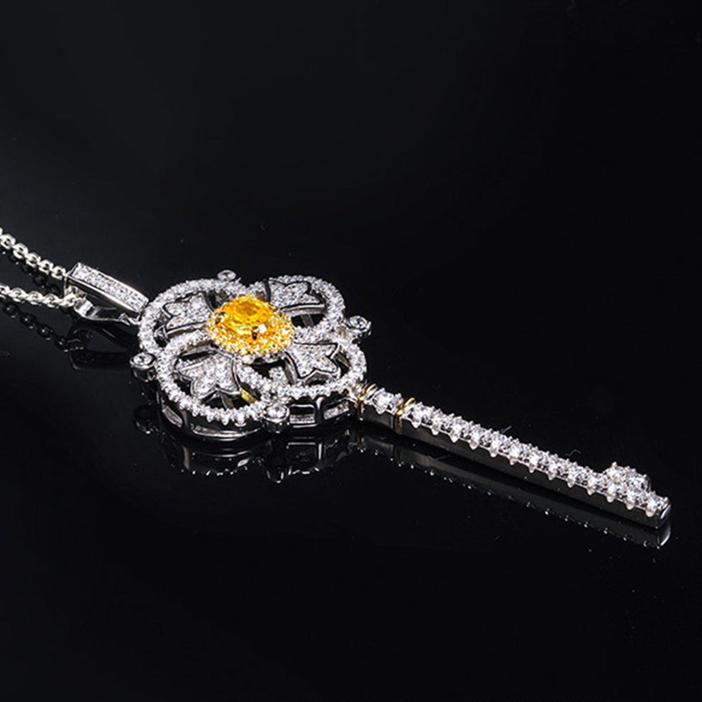 Women's White Gold Yellow Sapphire Four-leaf Clover Key Shape Pendant