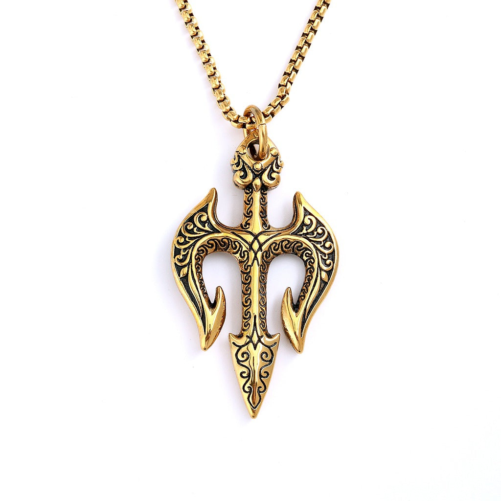 Vintage Stainless Steel Men's Trident Pendant Necklace