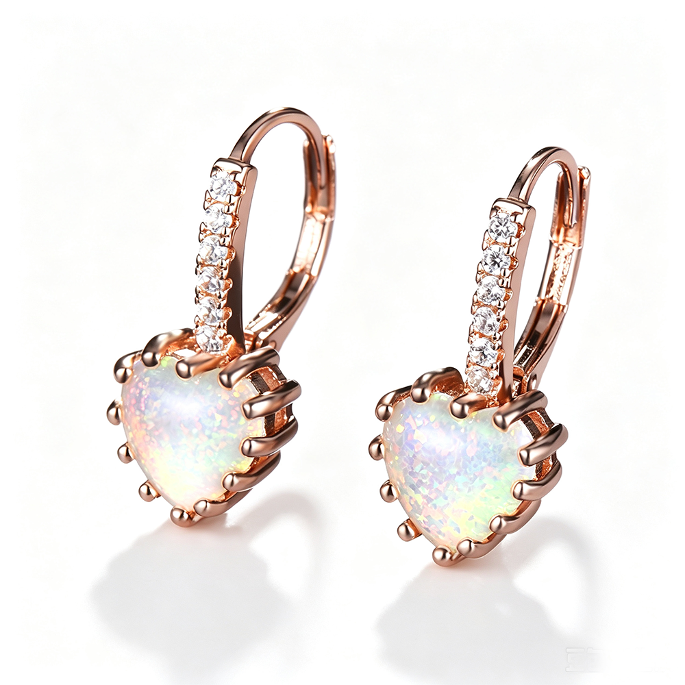 Women's Heart‑Shape Opal Leverback Earrings with Paved Zirconia, with White Gold / Rose Gold Plating
