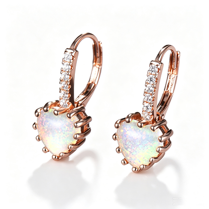 Women's Heart‑Shape Opal Leverback Earrings with Paved Zirconia, with White Gold / Rose Gold Plating