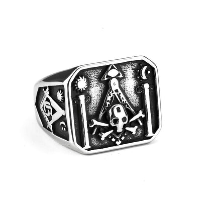 Vintage Stainless Steel AG Masonic Skull Square Statement Ring for Men