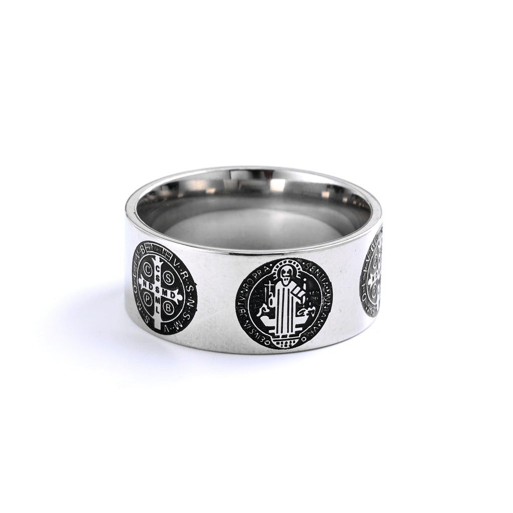 Vintage Polished Stainless Steel Saint Benedict Exorcism Cross Pattern Ring for Men