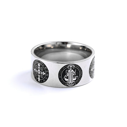 Vintage Polished Stainless Steel Saint Benedict Exorcism Cross Pattern Ring for Men