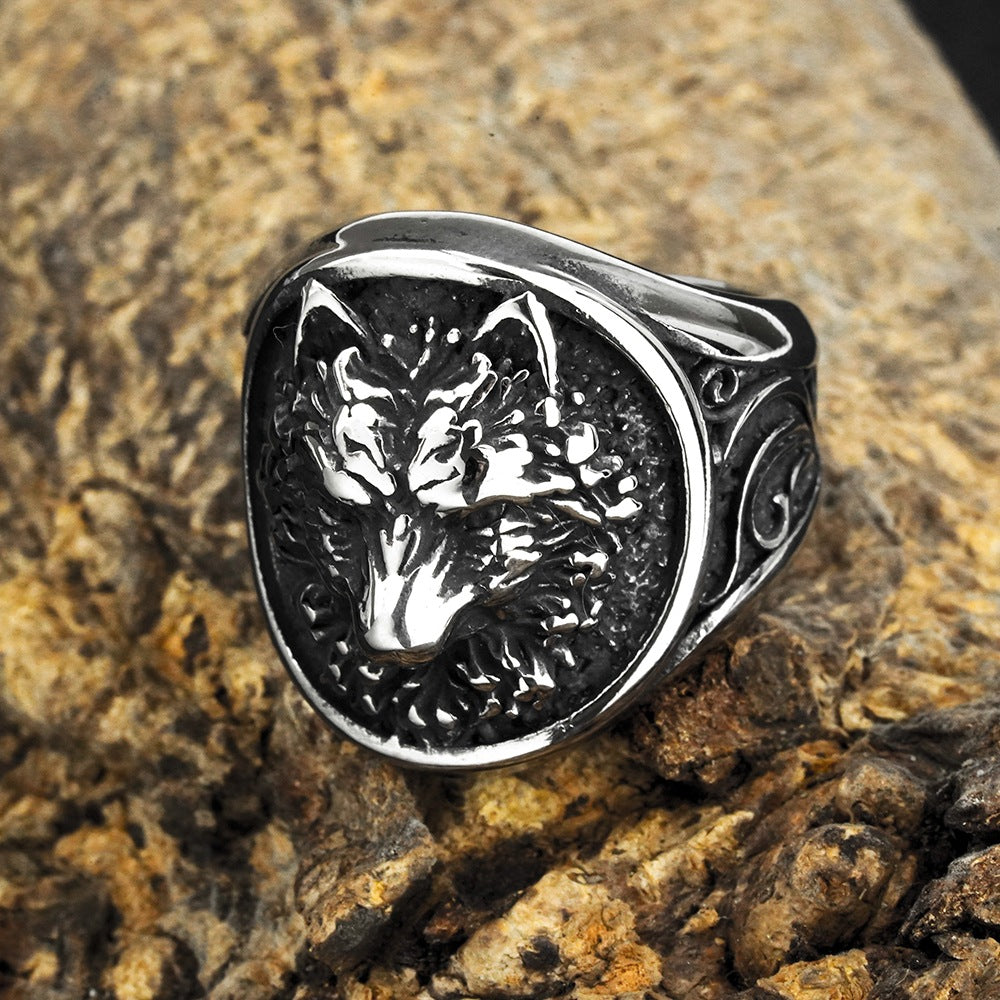 Vintage Solid Stainless Steel Norse Viking 3D Wolf Head Round Signet Ring for Men