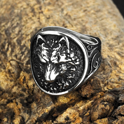 Vintage Solid Stainless Steel Norse Viking 3D Wolf Head Round Signet Ring for Men
