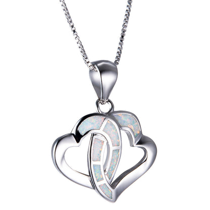 Half-side Opal double heart-shaped pendant necklace