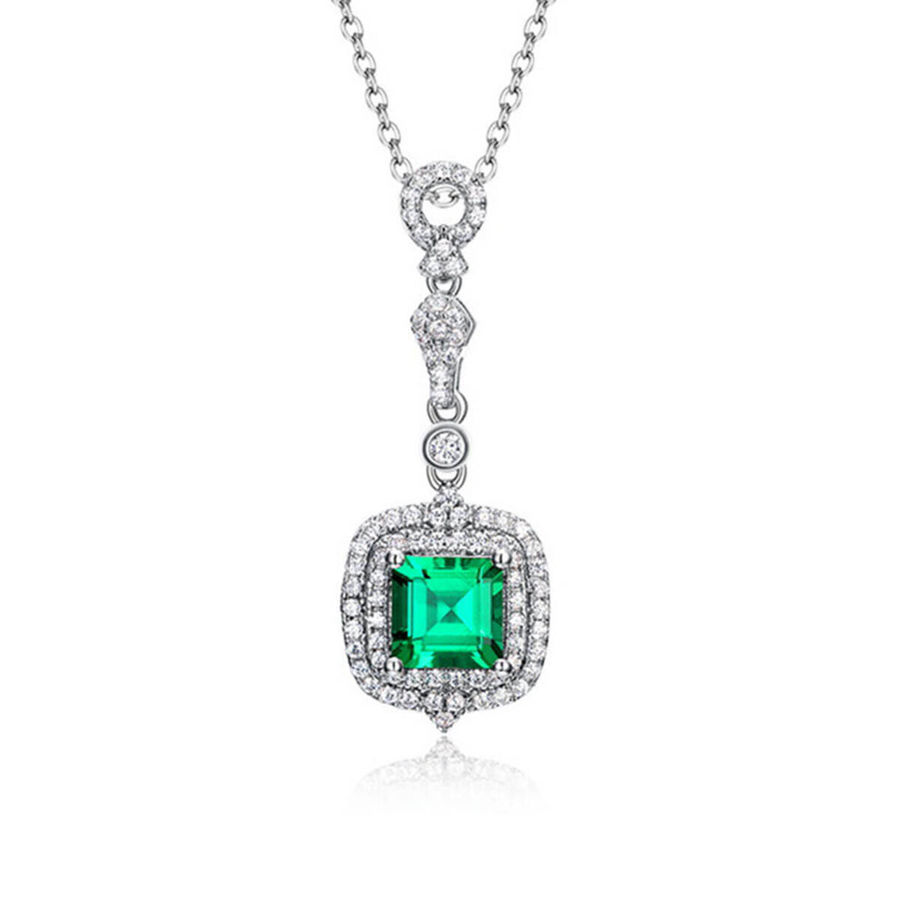 Women's Sterling Silver White Gold Cushion Shape Double Halo Emerald Pendant