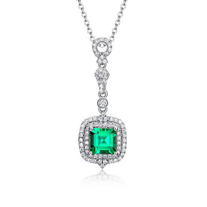Women's Sterling Silver White Gold Cushion Shape Double Halo Emerald Pendant