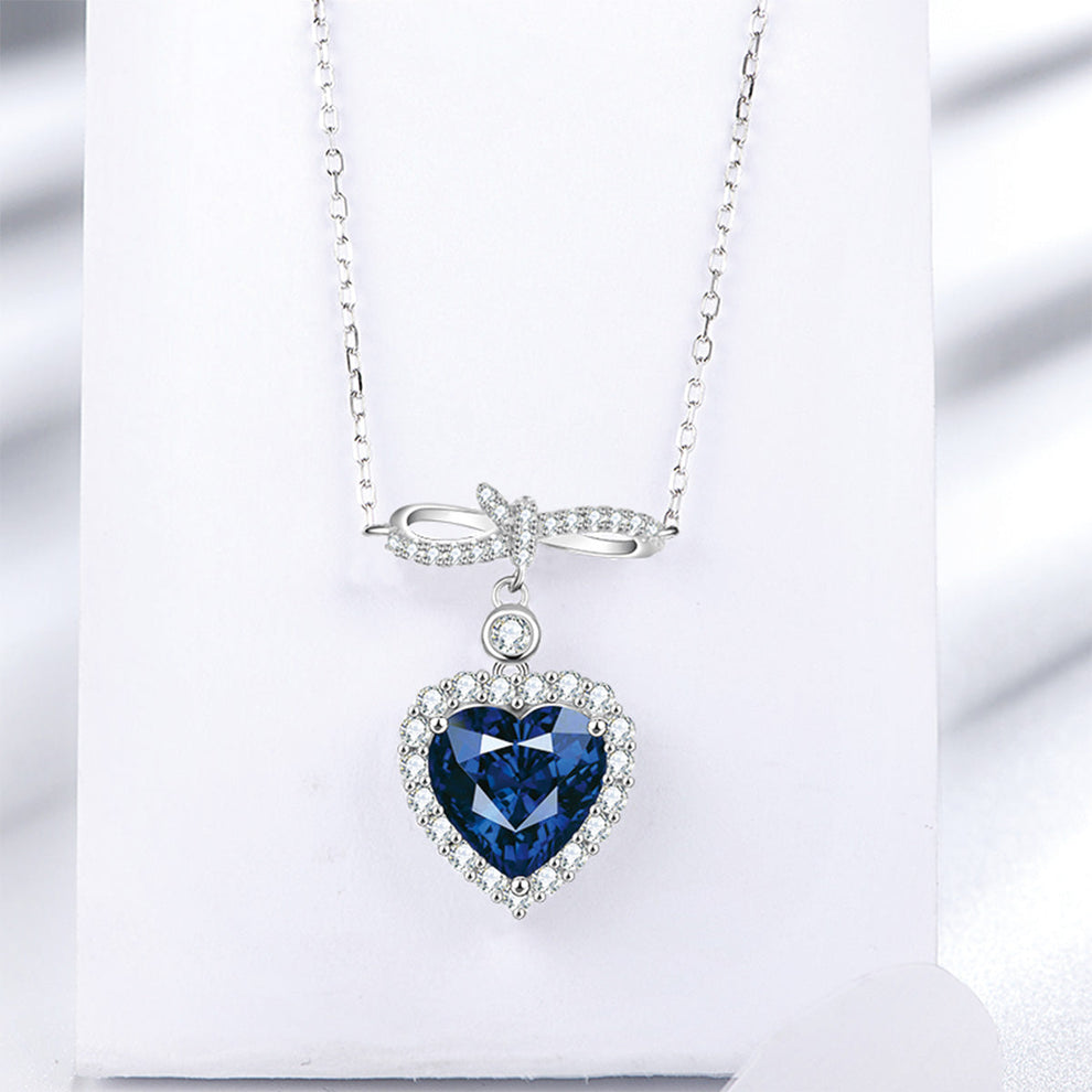 Women's Bow-knot Heart Blue Sapphire Pendant with Worldwide Setting Full Diamond