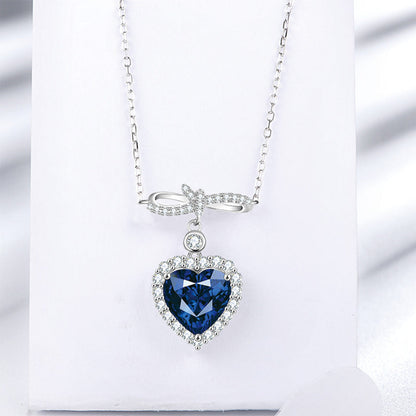 Women's Bow-knot Heart Blue Sapphire Pendant with Worldwide Setting Full Diamond