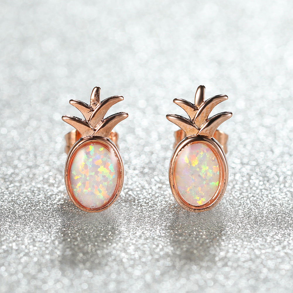Women's Pineapple‑Shape Oval Blue & White Opal Stud Earrings