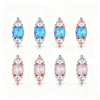 Women's Three‑Stone Stud Earrings With Round Opal & Round Zirconia, with White Gold / Rose Gold Plating