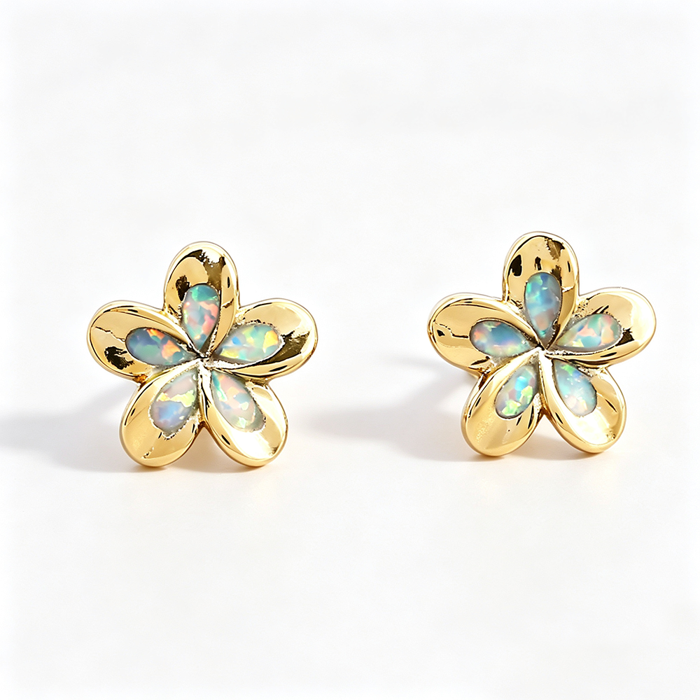 Women's 3D Five-Petal Flower Stud Earrings Inlaid With White & Blue Opal