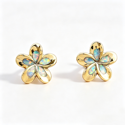 Women's 3D Five-Petal Flower Stud Earrings Inlaid With White & Blue Opal